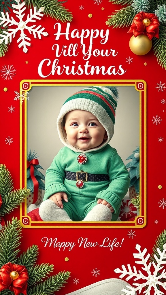 A Christmas card celebrating a new baby with festive decorations and a heartfelt message.